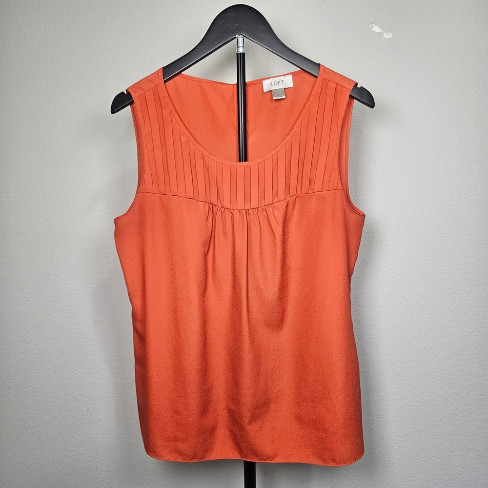 LOFT Blouse Women Large Orange Pleated Yoke Sleeveless Shell 296815 Professional